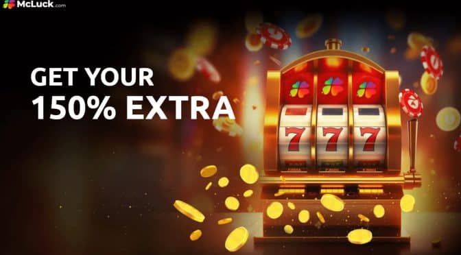 McLuck.com promotional banner featuring a winning slot machine with triple sevens, surrounded by gold coins and red poker chips, highlighting a 150% bonus offer for new players.