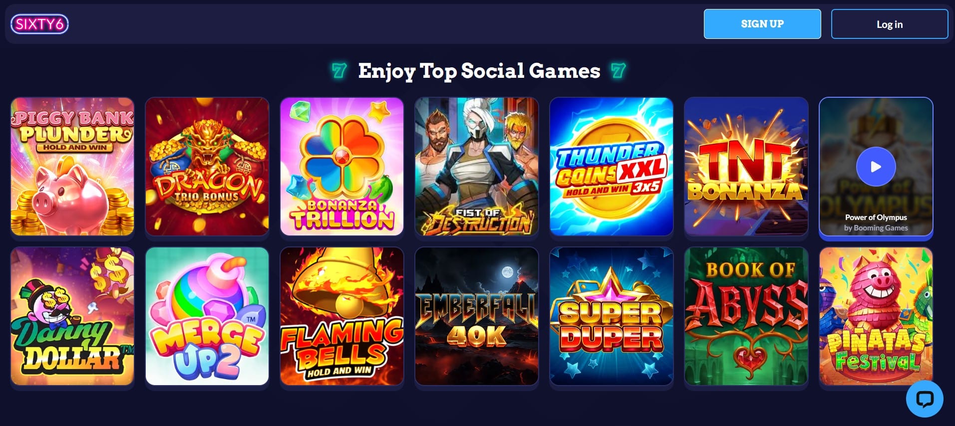 Screenshot of the SIXTY6 social gaming platform homepage featuring a vibrant grid of 15 slot-style game icons, including titles like Piggy Bank Plunder, Dragon Trio Bonus, Bonanza Trillion, and Power of Olympus. The header reads “Enjoy Top Social Games” with decorative elements, and sign-up/login buttons are visible in the top right corner.