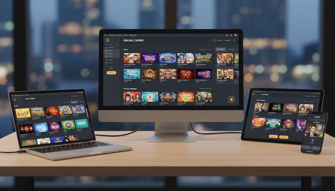 Sixty6 Casino cross-device gaming—desktop, laptop, tablet, and phone showing a clean lobby with fast navigation and secure play.